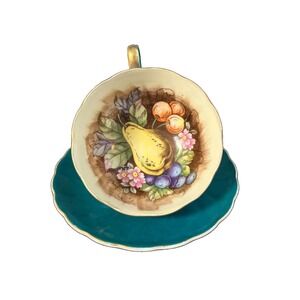 Vintage Chase Japan Teacup Saucer Orchard Fruit Pear Cherries Teal Footed Gold